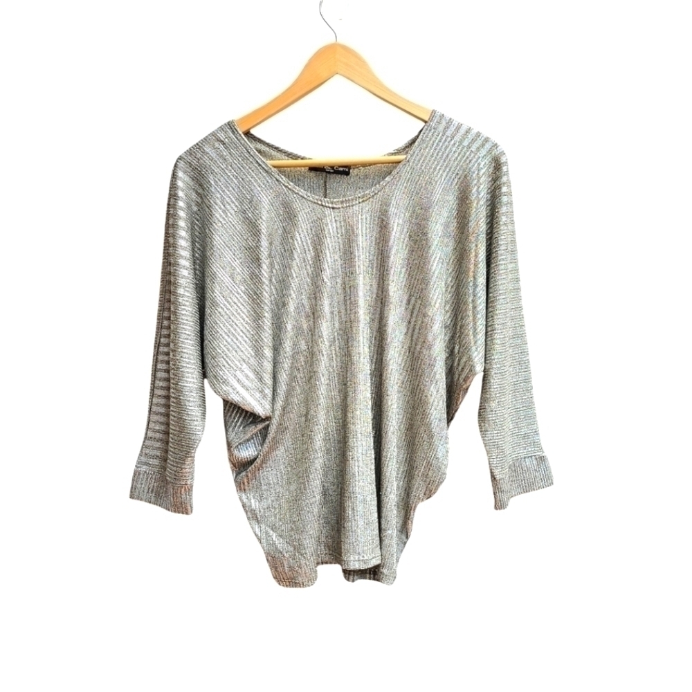 Kim & Cami Metallic Silver Dolman Slouchy Shimmer Knit Top Size L Made in USA